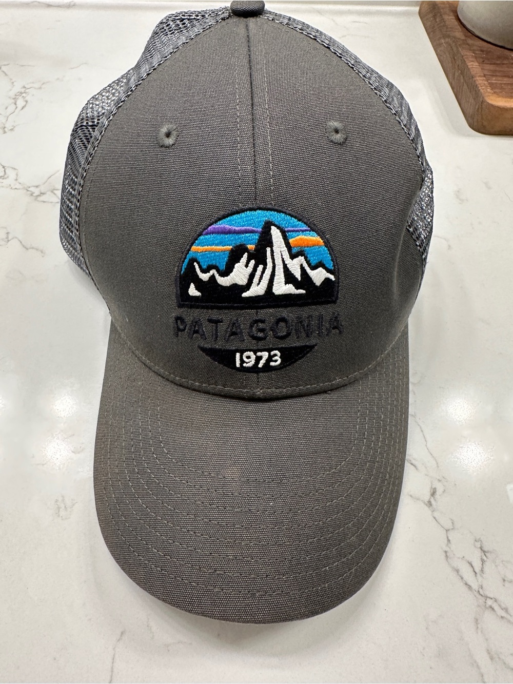 Patagonia Gray Mesh Trucker Hat with Mountain Patch